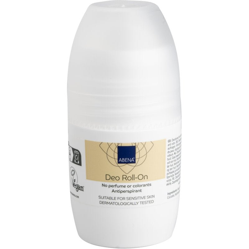 Abena Re-Seller GmbH Deo-Roll-On (50 ml) z bílého plastu s béžovou etiketou nabízí efektivní neutralizaci zápachu, je vhodný pro citlivou pokožku, dermatologicky testovaný a bez parfémů a barviv. Prodává se v kartonech po 8 baleních.