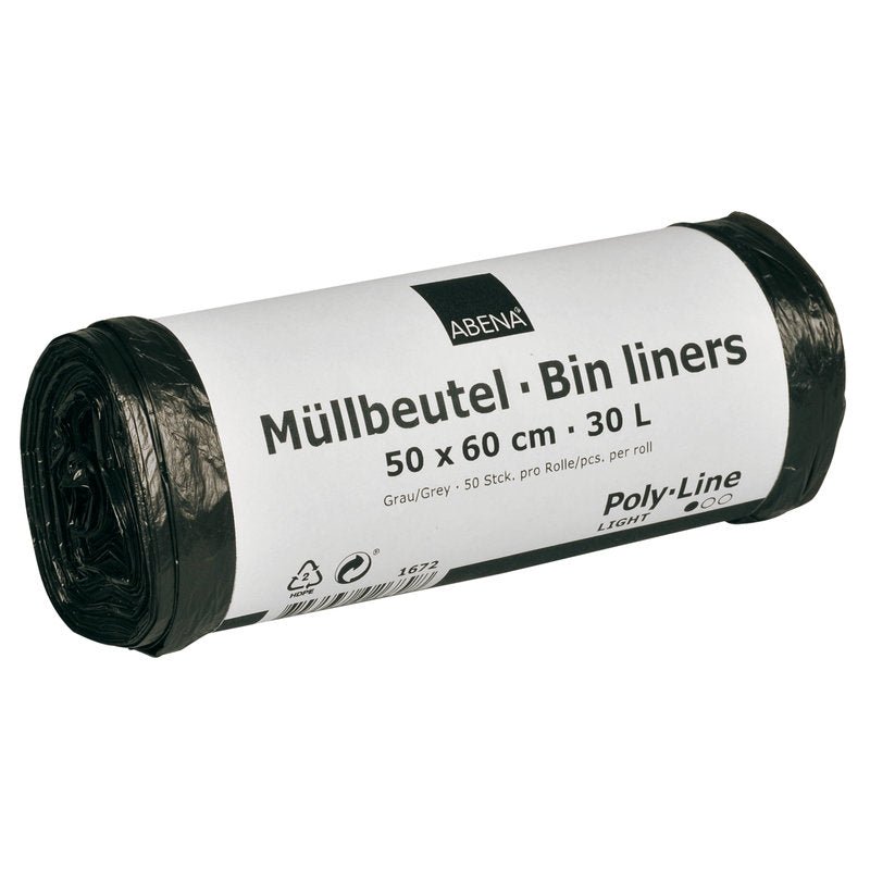 Jedna role Abena Re-Seller GmbH pytlů na odpadky 30 L, 500x600 mm, 4,5 my HDPE, šedá, je opatřena bílou etiketou s nápisem "Müllbeutel - Bin Liners" a obsahuje 50 pytlů na roli.