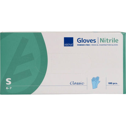 Krabice od Abena Re-Seller GmbH Nitrilové rukavice Classic, bez pudru, modré, velikost malá (6-7), lékařské vyšetřovací rukavice. Obsahuje 100 kusů v převážně bílé krabici se zelenými a modrými akcenty.