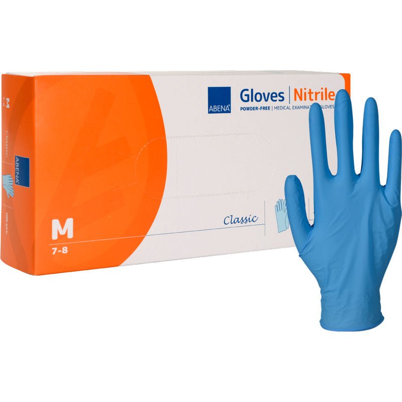 Balení nitrilových rukavic, Classic, bez pudru, modré od Abena Re-Seller GmbH (velikost střední). Rukavice stojí vzpřímeně vedle bílo-oranžové krabice s informacemi o produktu.