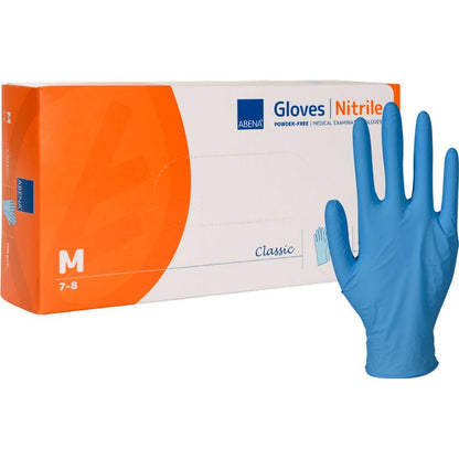 Balení nitrilových rukavic, Classic, bez pudru, modré od Abena Re-Seller GmbH (velikost střední). Rukavice stojí vzpřímeně vedle bílo-oranžové krabice s informacemi o produktu.