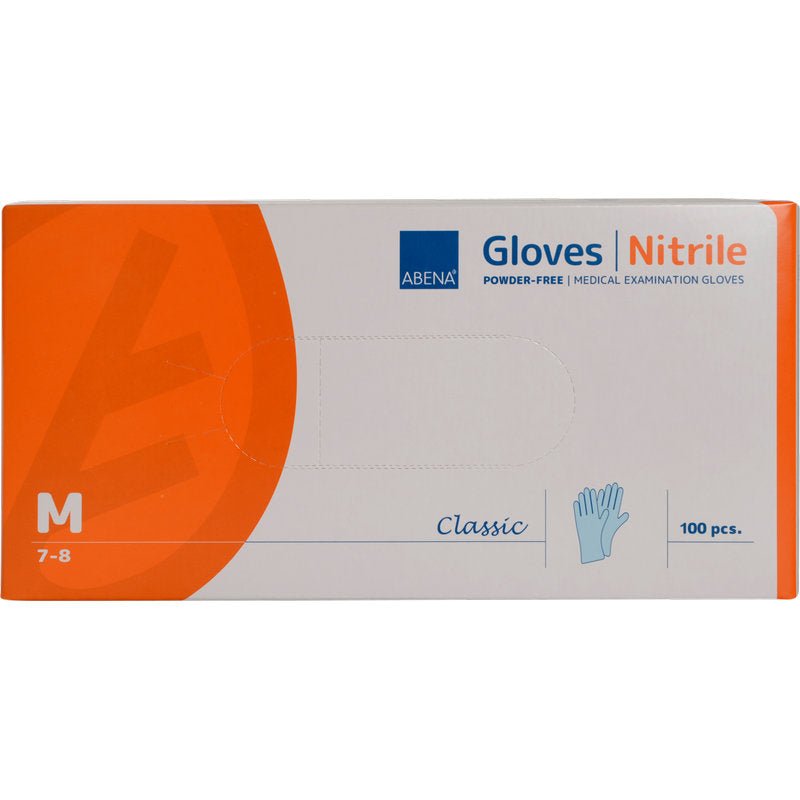 Krabice Abena Re-Seller GmbH Nitrilové rukavice Classic, bez pudru, modré, velikost střední (7-8), s 100 kusy. Balení má modré a oranžové akcenty a zobrazuje obrázek rukavice.