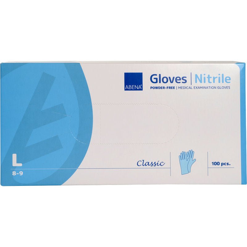 Krabice nitrilových rukavic Classic, bez pudru, modré od Abena Re-Seller GmbH (velikost velká 8-9) obsahuje 100 kusů. Krabice zobrazuje všechny důležité detaily o rukavicích a značce na přední straně.