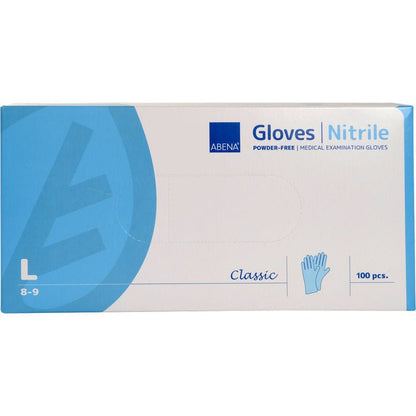 Krabice nitrilových rukavic Classic, bez pudru, modré od Abena Re-Seller GmbH (velikost velká 8-9) obsahuje 100 kusů. Krabice zobrazuje všechny důležité detaily o rukavicích a značce na přední straně.