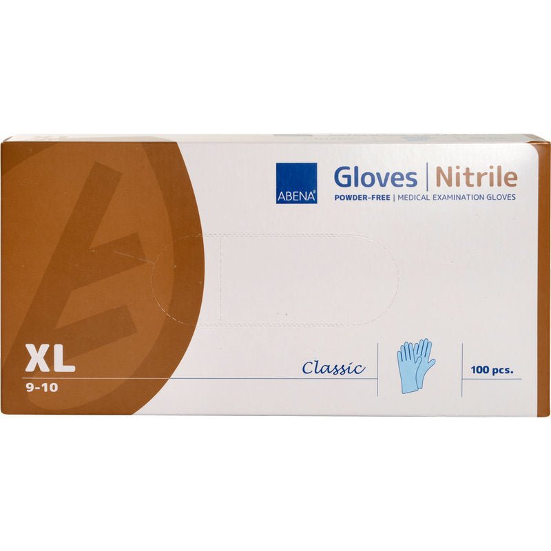 Krabice od Abena Re-Seller GmbH Nitrilové rukavice Classic, bez pudru, modré, velikost XL (9-10), obsahuje 100 lékařských vyšetřovacích rukavic. Převážně bílá krabice má hnědé a modré akcenty a obrázek rukavice.