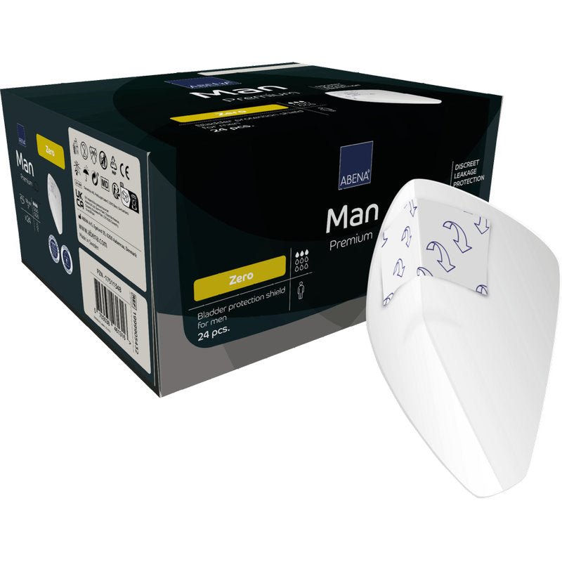 Krabice s nápisem "ABENA Man Zero, Premium" od Abena Re-Seller GmbH s 24 kusy nabízí diskrétní ochranu pro muže; vedle balení je vyobrazen bílý štítek s modrým nápisem.