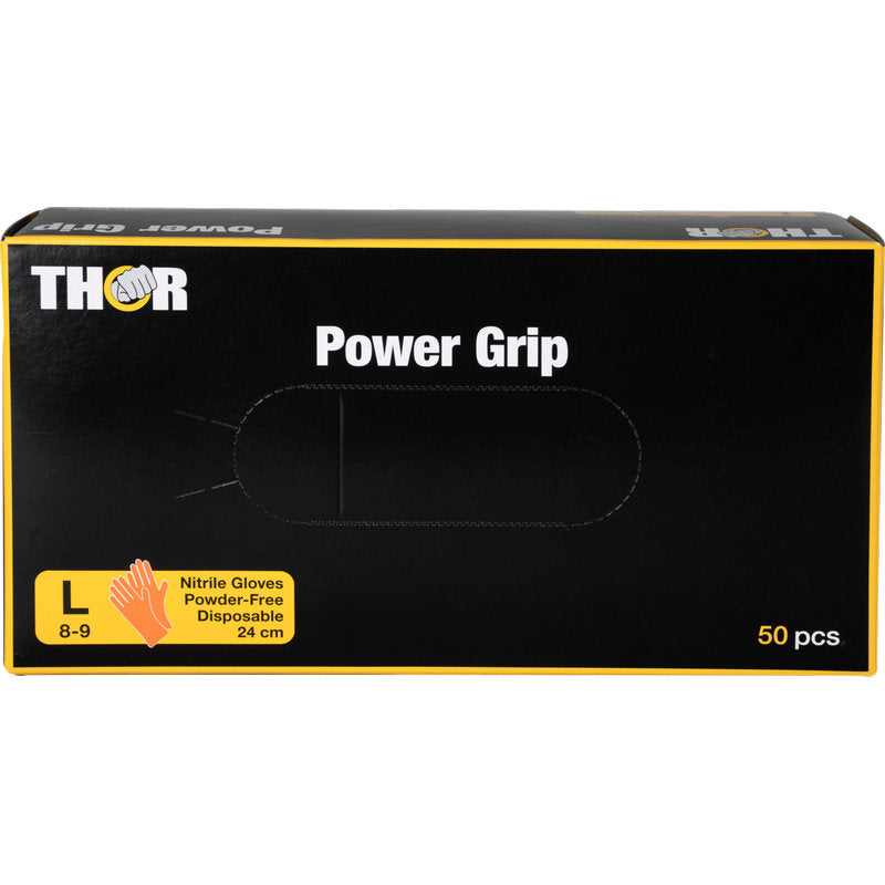 Eine orangefarbene Schachtel mit der Aufschrift "Thor Power Grip" der Abena Re-Seller GmbH enthält 50 große (8-9), puderfreie Einweg-Nitrilhandschuhe. Das gelb-weiße Etikett zeigt eine Abbildung des Handschuhs und hebt seine hohe Griffigkeit hervor.