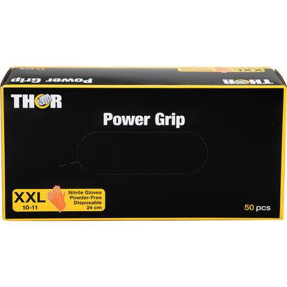 Eine orangefarbene Box mit der Aufschrift "Thor Power Grip" der Abena Re-Seller GmbH enthält 50 puderfreie XXL-Einmalhandschuhe aus Nitril (Größe 10-11, 24 cm), ideal für zusätzliche Griffkraft beim Unterarmtraining oder als Handtrainer.
