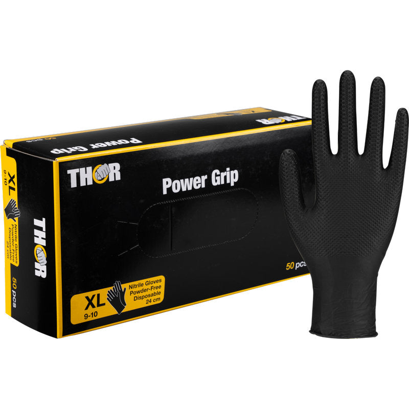 Eine schwarze Box mit der Aufschrift "Thor Power Grip, Schwarz" der Abena Re-Seller GmbH zeigt XL-Nitrilhandschuhe für das Krafttraining oder Gewichtheben. Ein aufrechter Handschuh steht neben der Box, die 50 puderfreie Handschuhe enthält.