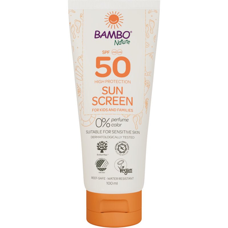 100ml tuba opalovacího krému Bambo Nature SPF50 od Abena Re-Seller GmbH, bez barviv a parfémů, dermatologicky testováno, veganské, šetrné k útesům a ideální pro citlivou pokožku. 6 balení v kartonu.
