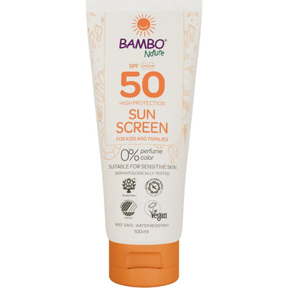 100ml tuba opalovacího krému Bambo Nature SPF50 od Abena Re-Seller GmbH, bez barviv a parfémů, dermatologicky testováno, veganské, šetrné k útesům a ideální pro citlivou pokožku. 6 balení v kartonu.