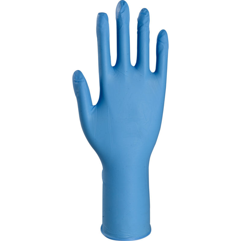 Ein blauer Einweg-Nitril-Handschuh, der Thor High Risk Nitril-Handschuhe, Blau, 30 cm von Abena Re-Seller GmbH, steht aufrecht mit ausgestreckten Fingern vor einem weißen Hintergrund - ideal für den Chemikalienschutz.