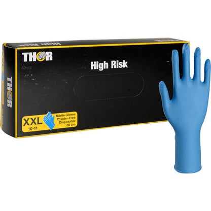 Eine Schachtel der Abena Re-Seller GmbH mit der Aufschrift "Thor High Risk Nitril-Handschuhe, Blau, 30 cm" ist mit einem aufrecht stehenden blauen XXL-Nitrilhandschuh abgebildet. Die einmaligen, puderfreien Handschuhe bieten Chemikalienschutz und sind 30 cm lang.