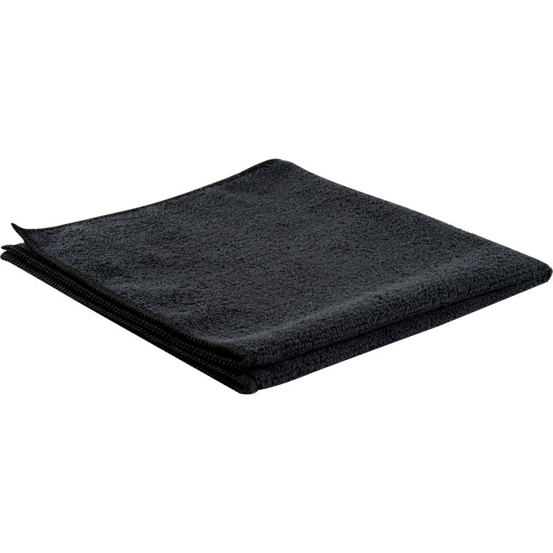 Čistě složená mikrovláknová utěrka ENA Standard od Abena Re-Seller GmbH (40x40 cm, černá) je prezentována na plochém bílém povrchu a ukazuje svou jemnou mikrovláknovou strukturu a čistě zpracované okraje.
