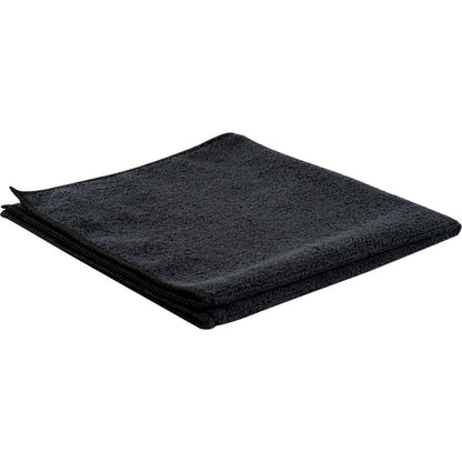 Čistě složená mikrovláknová utěrka ENA Standard od Abena Re-Seller GmbH (40x40 cm, černá) je prezentována na plochém bílém povrchu a ukazuje svou jemnou mikrovláknovou strukturu a čistě zpracované okraje.