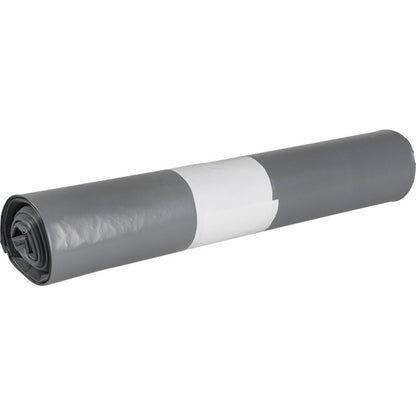 Eine Rolle grauer Abena Re-Seller GmbH Abfallsäcke für Sækko Boy 120, 55 my LDPE Recycled trash bags ist mit einem weißen Etikett versehen und bietet eine umweltfreundliche Lösung für die Abfallentsorgung.