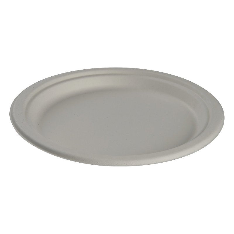 Talíř, Bagasse, Bílý od Abena Re-Seller GmbH je kulatý, biologicky odbouratelný talíř z bagasy s plochým okrajem a ekologickým designem - zde prezentován na bílém pozadí.