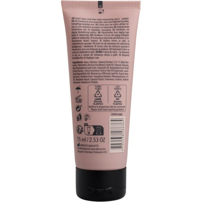 Růžová 75ml tuba ENA Living krému na ruce od Abena Re-Seller GmbH pro suché ruce, zobrazená zezadu s informacemi o produktu, složkách, čárovým kódem, recyklačními symboly a pokyny v černém písmu. Dostupné také jako karton (18 balení).