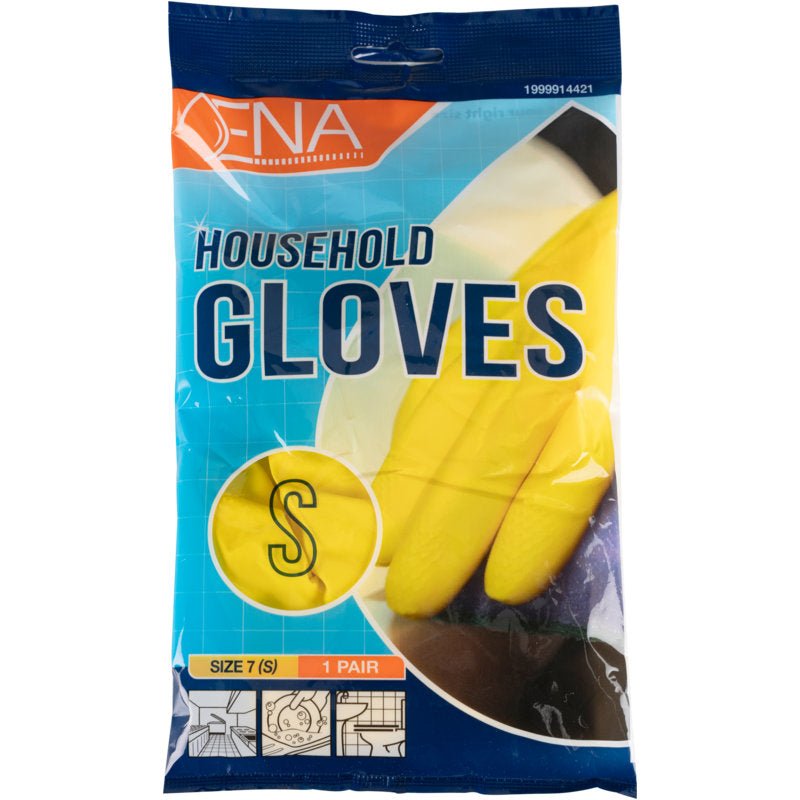 Plastové balení s nápisem "ENA Household, latexové domácí rukavice, žluté" od společnosti Abena Re-Seller GmbH zobrazuje žluté rukavice velikosti S (1 pár) na modrém pozadí s oranžovo-bílou grafikou úklidu.