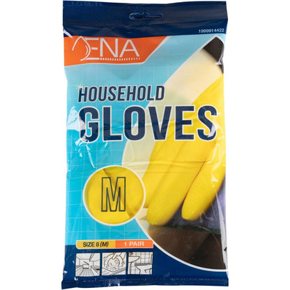 Balení latexových domácích rukavic ENA Household od společnosti Abena Re-Seller GmbH ve žluté barvě, velikost M, obsahuje jeden pár. Modro-oranžové balení zobrazuje texty a diagramy pro úklid a různé domácí úkoly.