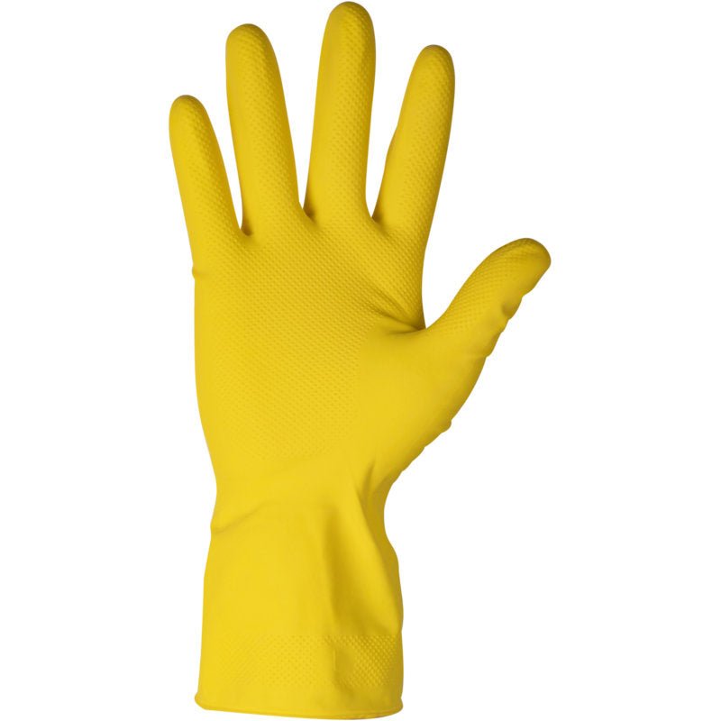 Latexová domácí rukavice ENA Household ve žluté barvě od společnosti Abena Re-Seller GmbH je prezentována vzpřímeně s dlaní dopředu a roztaženými prsty. Texturovaná latexová rukavice je ideální pro čištění nebo jiné domácí práce.