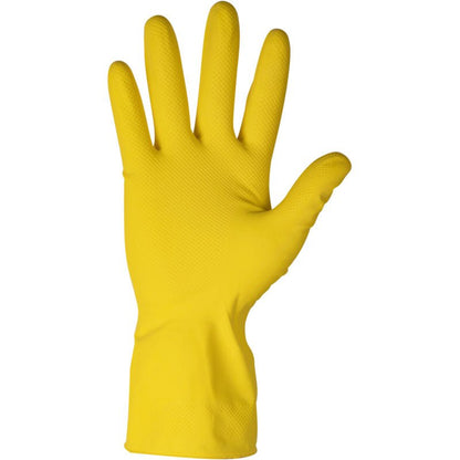 Jedna žlutá latexová domácí rukavice ENA Household od společnosti Abena Re-Seller GmbH je zobrazena s dlaní směřující dopředu a nataženými prsty, které se běžně používají pro úklid nebo domácí práce.