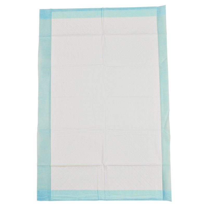 Obdélníková jednorázová podložka Abena, 6vrstvá, 40x60 cm, bílá s modrým okrajem, leží naplocho na neutrálním pozadí; povrch ukazuje jemné záhyby a prošívanou strukturu. Balení obsahuje 25 kusů od společnosti Abena Re-Seller GmbH.
