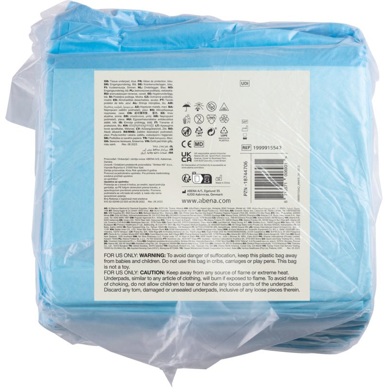 Balení 25 modrých jednorázových podložek ABENA Tissue, 6vrstvé (40x60 cm) od společnosti Abena Re-Seller GmbH, je v průhledném plastu s bílou přední etiketou s informacemi o produktu, pokyny a symboly.