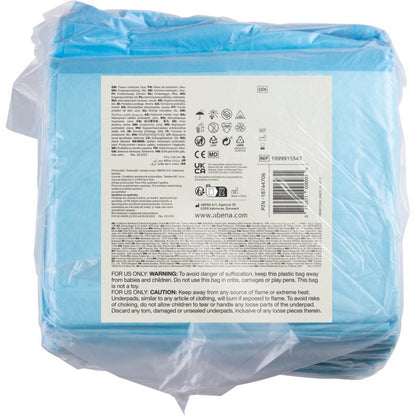 Balení 25 modrých jednorázových podložek ABENA Tissue, 6vrstvé (40x60 cm) od společnosti Abena Re-Seller GmbH, je v průhledném plastu s bílou přední etiketou s informacemi o produktu, pokyny a symboly.