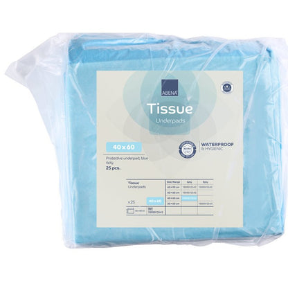 Balení 25 modrých jednorázových podložek ABENA Tissue (40x60 cm, 6vrstvé) od společnosti Abena Re-Seller GmbH nabízí vodotěsnou, hygienickou ochranu.