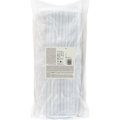 Průhledný plastový obal obsahuje 25 ochranných prostěradel Abena Re-Seller GmbH, zesílených vlákny, 210x80 cm, PE/celulóza. Každé je opatřeno bílou etiketou s textem a čárovým kódem na přední straně; ideální pro lékařské použití.