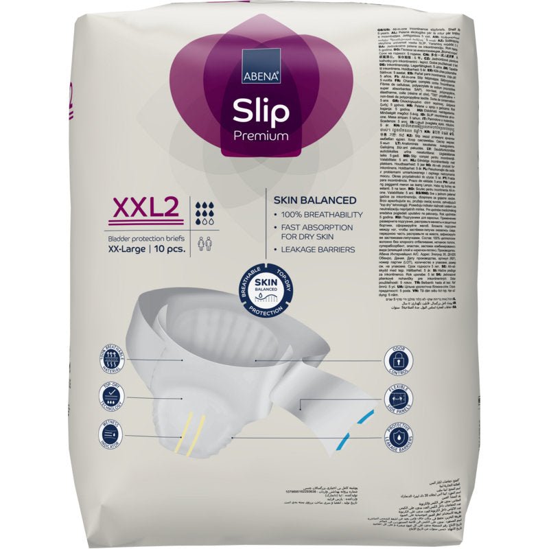 Balíček 10 ABENA Slip Premium inkontinenčních slipů od Abena Re-Seller GmbH, velikost XXL2, nabízí rovnováhu pokožky a ochranu proti úniku - ideální pro spolehlivou péči o inkontinenci.