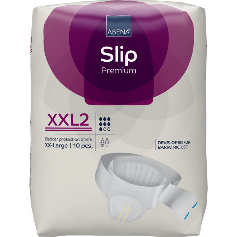 Balíček 10 ABENA Slip Premium od Abena Re-Seller GmbH, velikost XXL2, pro nadměrné nebo bariatrické potřeby; obal ukazuje obrázek slipu a zdůrazňuje jeho vhodnost pro velké velikosti.