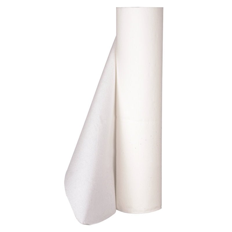 Velká role perforovaných podložek Abena Re-Seller GmbH, 2vrstvé, 50 cm × 50 m, bílé (karton s 9 baleními), odvinutá z jedné strany, stojí svisle před jednoduchým bílým pozadím.