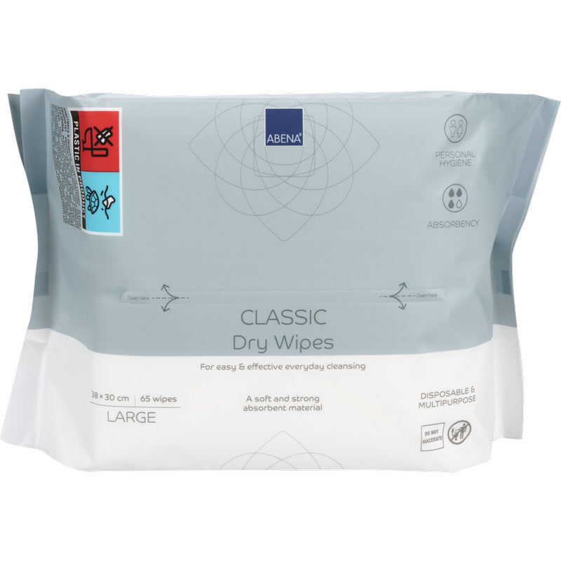 Balení s 65 jednorázovými mycími žínkami Abena Classic, bílé, každá 30x38 cm, od společnosti Abena Re-Seller GmbH. Vyznačuje se hygienickým čištěním, silnou savostí a všestranným jednorázovým použitím pro péči o tělo.