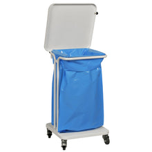 A Sækko Boy 40 odpadkový koš s víkem v bílé barvě od Abena Re-Seller GmbH stojí na čtyřech kolečkách a obsahuje velký modrý plastový vnitřní vak.