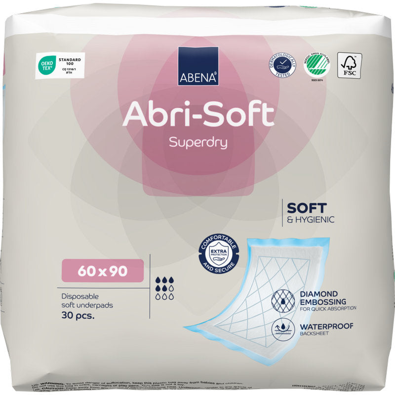 Eine 30er Packung Abena Re-Seller GmbH Einweg-Unterlage, Abri-Soft Superdry, Blau (60 x 90 cm) bietet Komfort, Hygiene, Rautenprägung und eine wasserdichte Rückseite für zuverlässigen Schutz.
