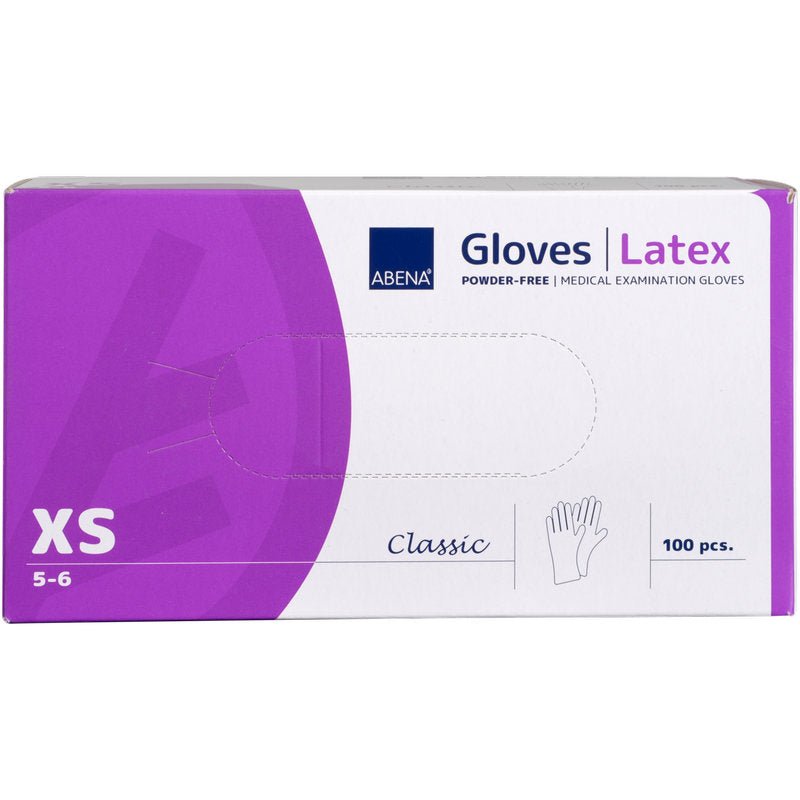 Krabice s latexovými rukavicemi Classic, nepudrované, dlouhé, přírodní, velikost XS (5-6) od společnosti Abena Re-Seller GmbH. Fialovo-bílá krabice obsahuje 100 rukavic a je opatřena symbolem rukavice v pravém dolním rohu.