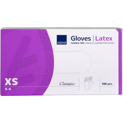 Krabice s latexovými rukavicemi Classic, nepudrované, dlouhé, přírodní, velikost XS (5-6) od společnosti Abena Re-Seller GmbH. Fialovo-bílá krabice obsahuje 100 rukavic a je opatřena symbolem rukavice v pravém dolním rohu.