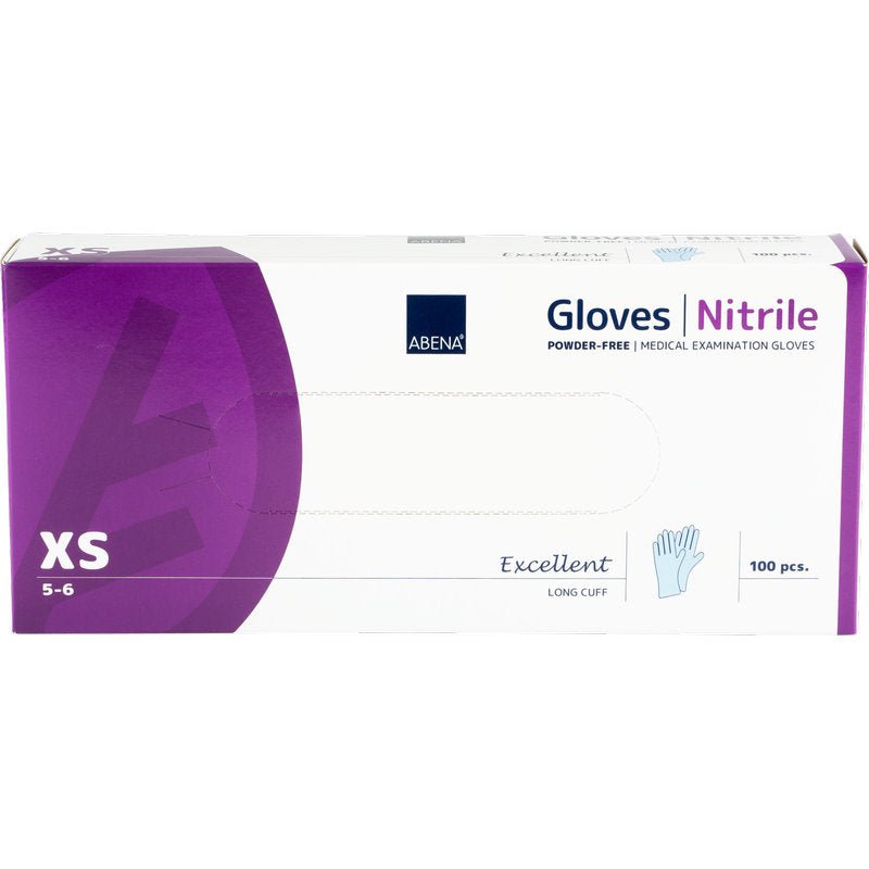 Obdélníková krabice Abena Re-Seller GmbH nitrilových rukavic Excellent, bez pudru, dlouhé, modré, velikost XS (5-6), obsahuje 100 lékařských vyšetřovacích rukavic. Převážně fialovo-bílé balení umožňuje snadnou identifikaci.