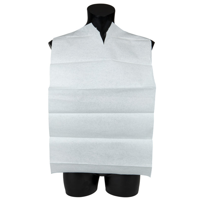 Bílý jídelní bryndák na jedno použití Modrá/Bílá bez kapsy (38x70 cm) od Abena Re-Seller GmbH pokrývá hruď a ramena černého torza figuríny a má výřez na krk pro bezpečné usazení. Balení: 100 kusů.