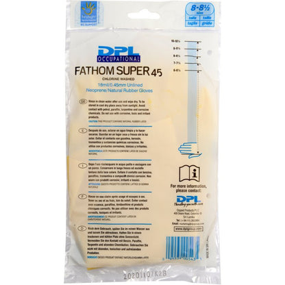 Průhledné plastové balení s nápisem "domácí rukavice Latex, žluté, neoprenové" od Abena Re-Seller GmbH obsahuje žluté rukavice pro domácnost. Na obalu jsou uvedeny specifikace produktu a pokyny v několika jazycích.