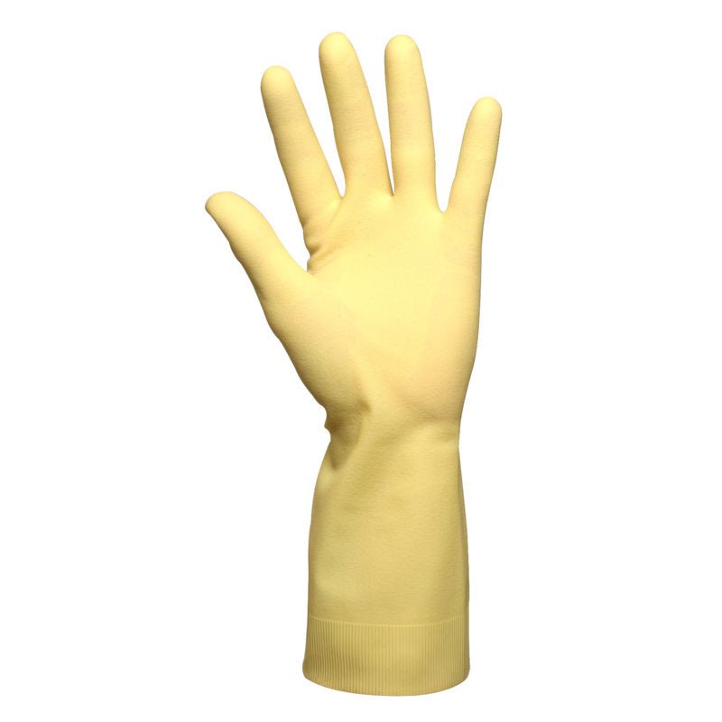 Jediná žlutá rukavice pro domácnost Latex, žlutá, neoprenová od Abena Re-Seller GmbH, zobrazená vzpřímeně s texturovaným povrchem a prodlouženými prsty, je ideální pro úklidové práce v domácnosti.