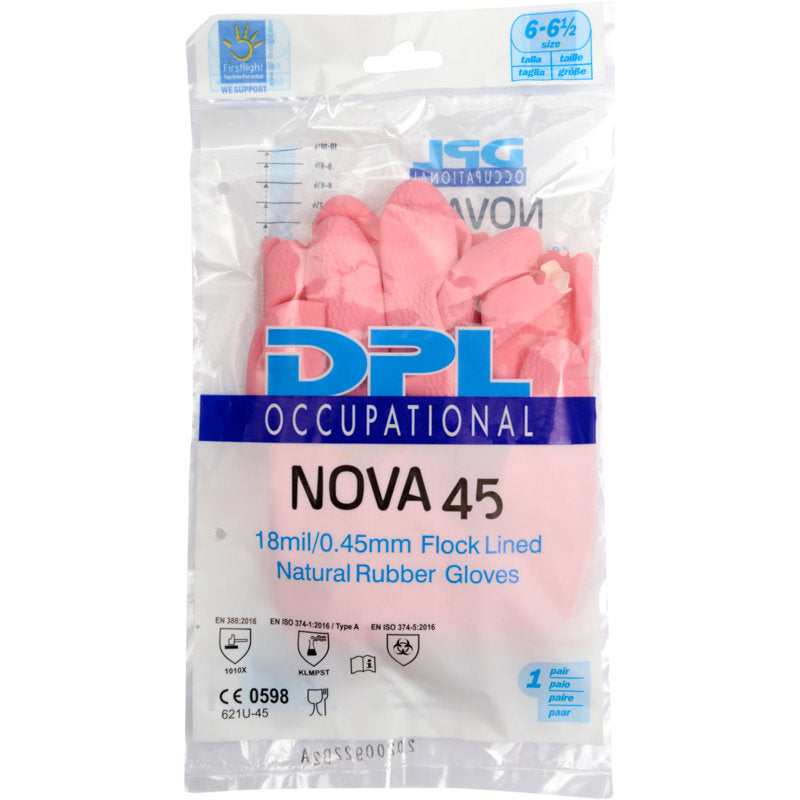 Průhledný plastový obal obsahuje růžové domácí rukavice Latex od společnosti Abena Re-Seller GmbH, s certifikačními symboly a velikostí 6-6½.