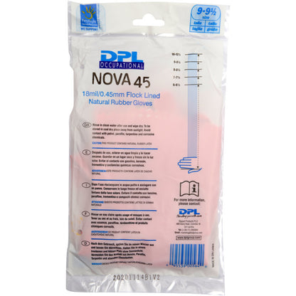 Průhledný plastový obal obsahuje domácí rukavice Latex, Růžové od společnosti Abena Re-Seller GmbH. Na obalu jsou uvedeny velikost, tloušťka 18mil/0,45mm, floková podšívka, pokyny k použití a péči. Růžové rukavice jsou uvnitř viditelné.