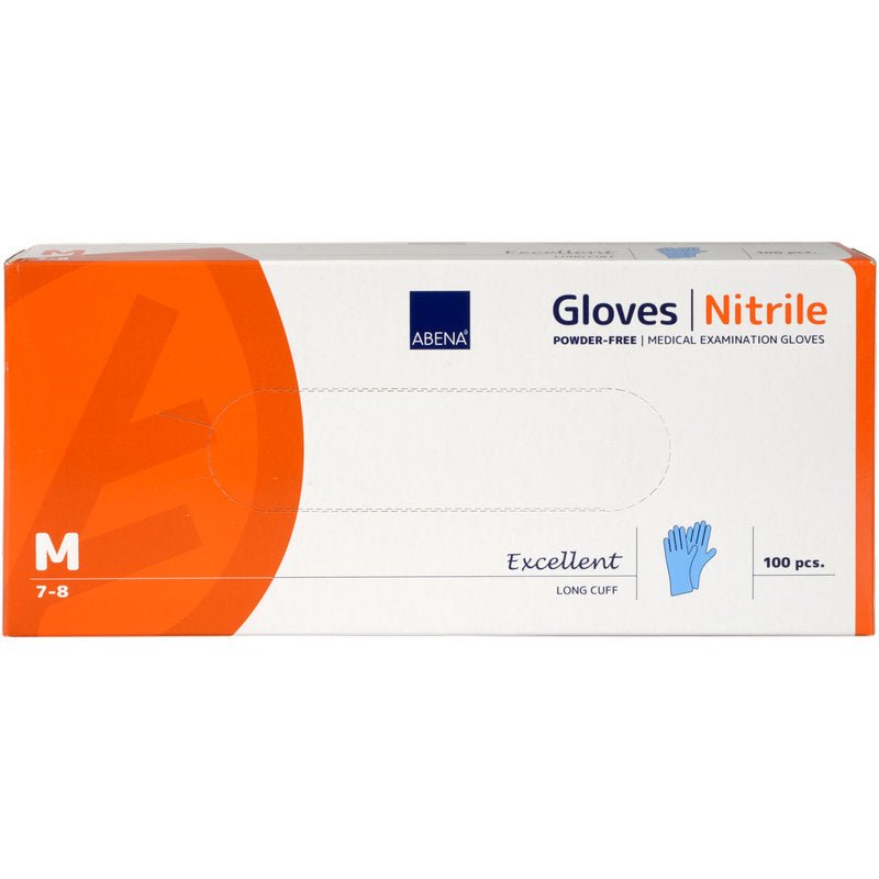Obdélníková krabice Abena Re-Seller GmbH obsahuje 100 nitrilových rukavic Excellent, bez pudru, dlouhé, modré, velikost M (7-8). Balení je převážně bílé s oranžovými akcenty a modrým písmem.