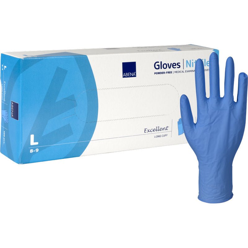 Na obrázku je krabice nitrilových rukavic Abena Re-Seller GmbH Excellent, bez pudru, dlouhé, modré ve velikosti large, přičemž jedna modrá, dlouhá, bezpudrová rukavice stojí vzpřímeně vedle bílo-modře akcentovaného balení.