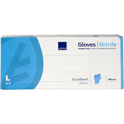Krabice Abena Re-Seller GmbH nitrilových rukavic Excellent, velikost Large, bez pudru a dlouhé, modré. Obsahuje 100 lékařských rukavic v převážně bílo-modrém balení s akcenty a textem.