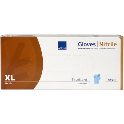 Obdélníková krabice "Nitrilové rukavice Excellent, bez pudru, dlouhé, modré" od Abena Re-Seller GmbH obsahuje 100 lékařských vyšetřovacích rukavic ve velikosti XL (9-10) a vpředu zobrazuje modrou rukavici.