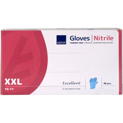Eine Box der Abena Re-Seller GmbH Nitril-Handschuhe Excellent, puderfrei, blau, Größe 10-11 enthält 90 Stück. Die Verpackung ist überwiegend weiß mit roten Akzenten und einem blauen Handschuhsymbol auf der Vorderseite.